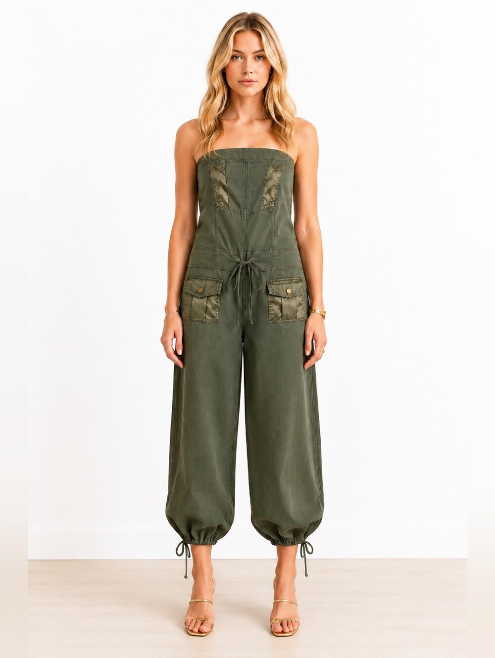 Hotkiss Olive Green Chic  Strapless Utility Jumpsuit | Size L